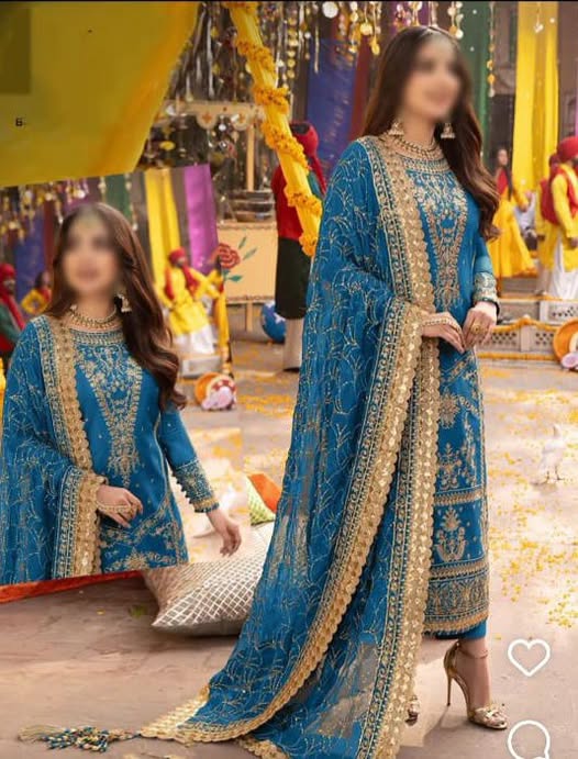 A.J Blue Chiffon Fabric Formal Collection 3pc Unstitched Dress