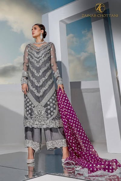 Zainab Chottani Gray organza Embroidery Dress 3pc Unstitched