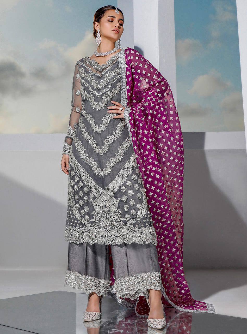 Zainab Chottani Gray organza Embroidery Dress 3pc Unstitched