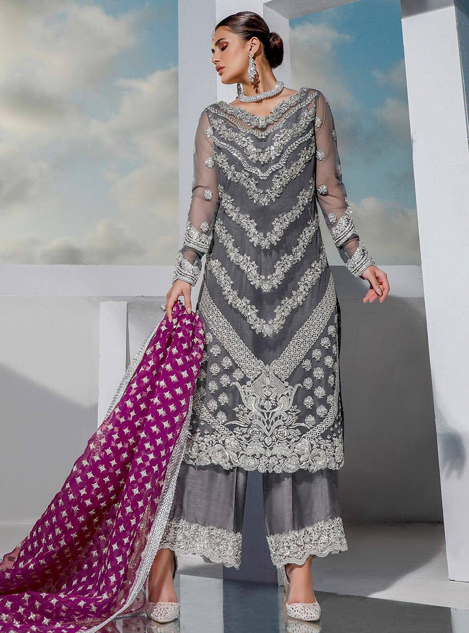 Zainab Chottani Gray organza Embroidery Dress 3pc Unstitched