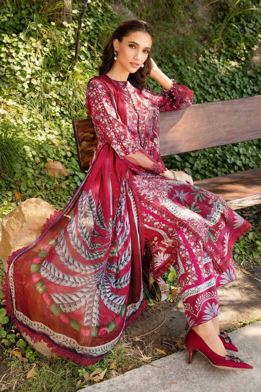 M.B Maroon Lawn Emb Summer Colletion 3pc Unstitched