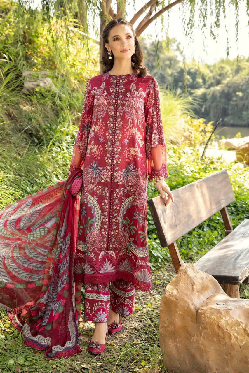 M.B Maroon Lawn Emb Summer Colletion 3pc Unstitched
