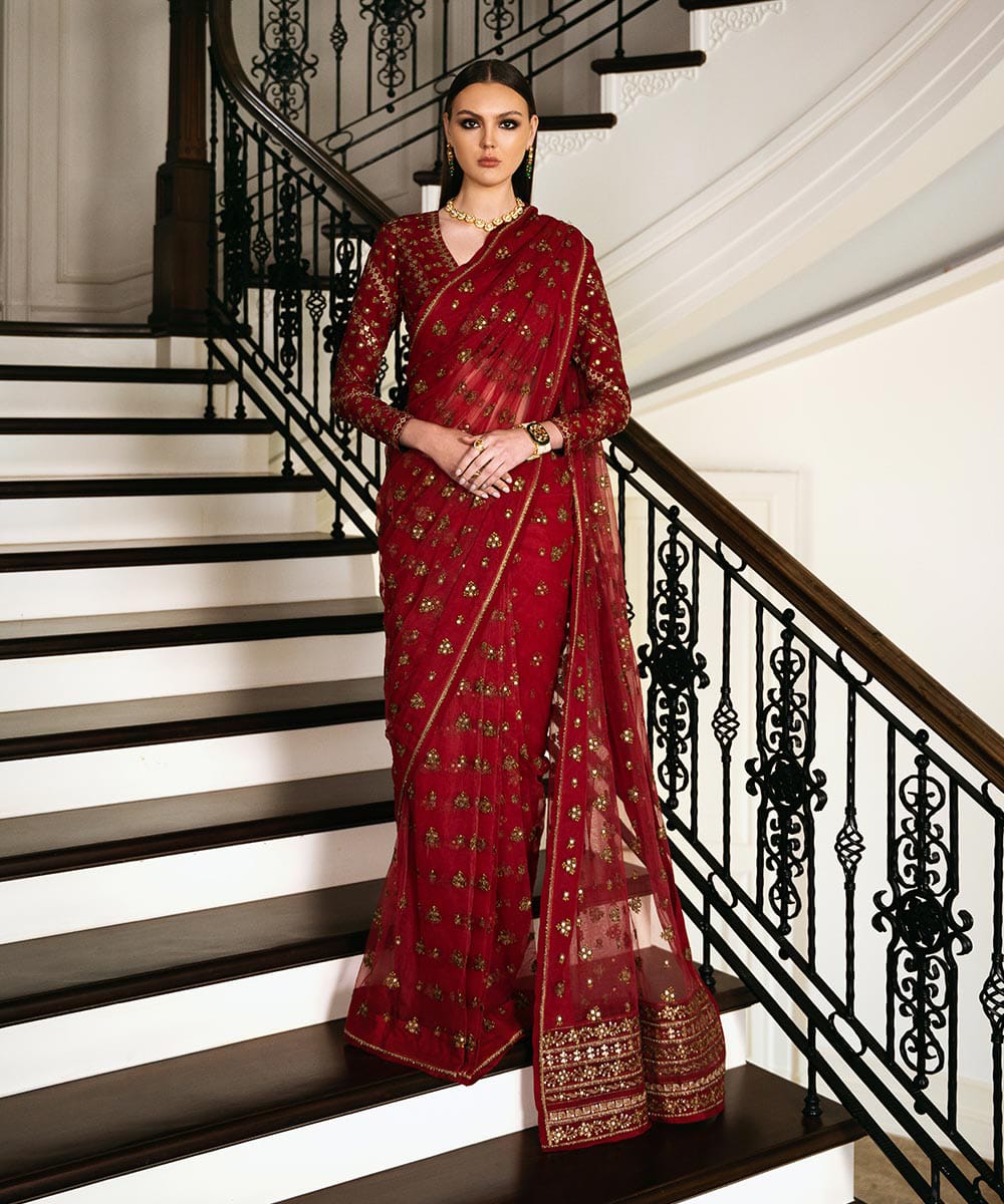Sapphire Festive Unstitched Saree Red Net Fabric Embroidery