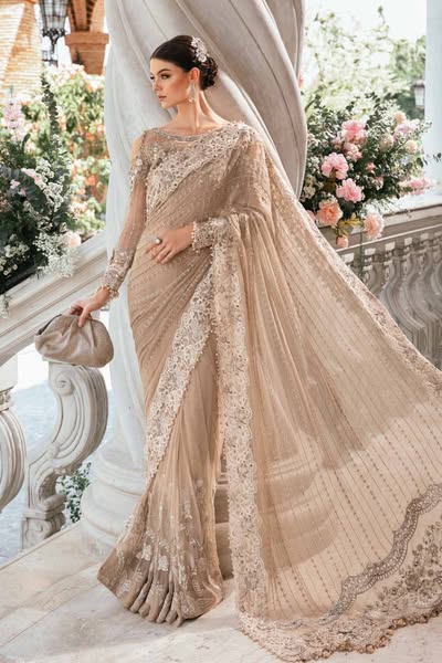 Maria b Brown Wedding Collection Saree Soft Net Fabric Unstitched