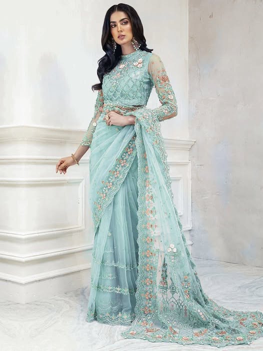 M.b Sky Blue Wedding Collection Saree Soft Net Fabric Unstitched