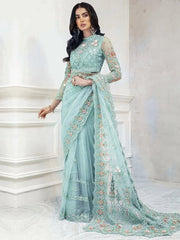 Maria b Sky Blue Wedding Collection Saree Soft Net Fabric Unstitched