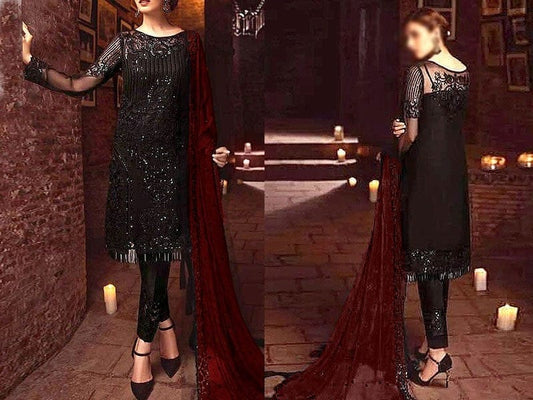 Imrozia Black & Maroon Formal Collection Chiffon Dress