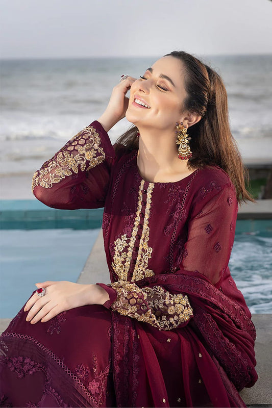 Azure Maroon Chiffon Hand Work Formal Collection Embroidery Dress 3pc