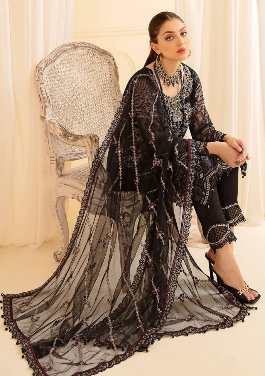 Ramsha Minhal Black Chiffon Embroidered 3piece Unstitched