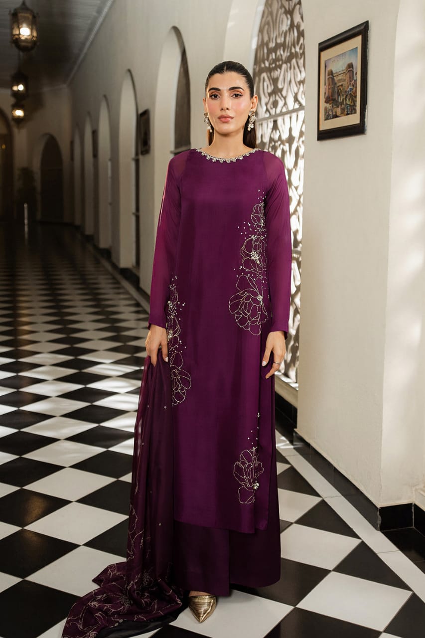 Lulusar Magenta Luxury Raw Silk Embroidered 3 Piece Unstitched