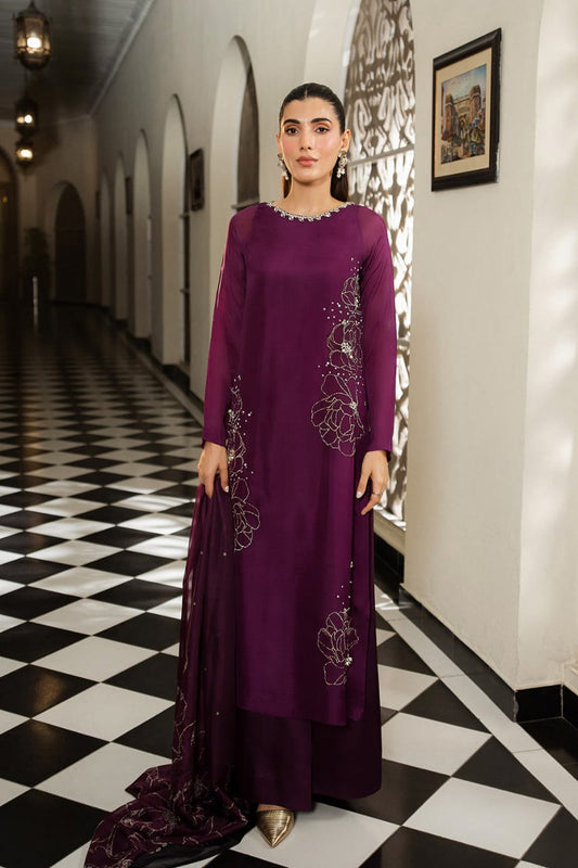 Lulusar Magenta Luxury Raw Silk Embroidered 3 Piece Unstitched