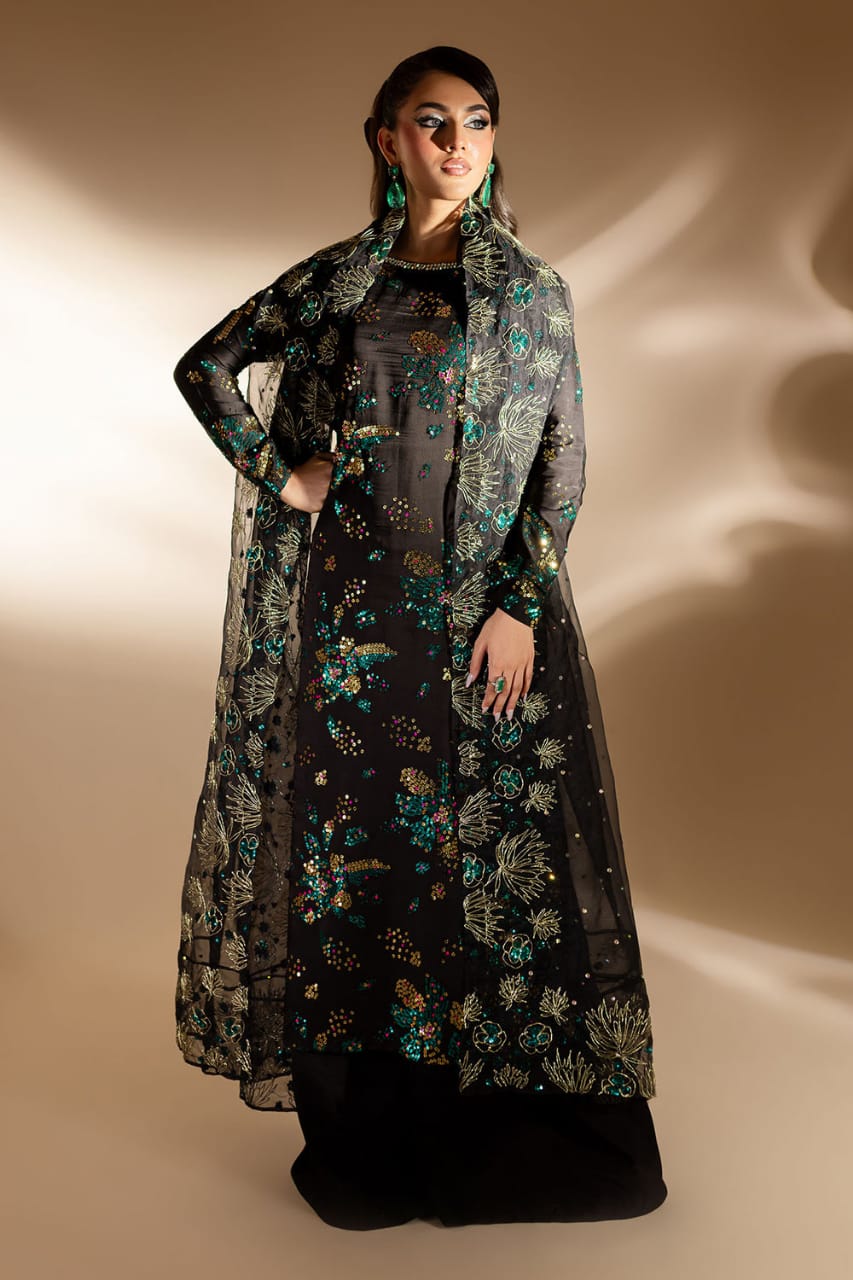 Nureh Black Raw Silk Embroidered & Hand Embellished 3piece Unstitched