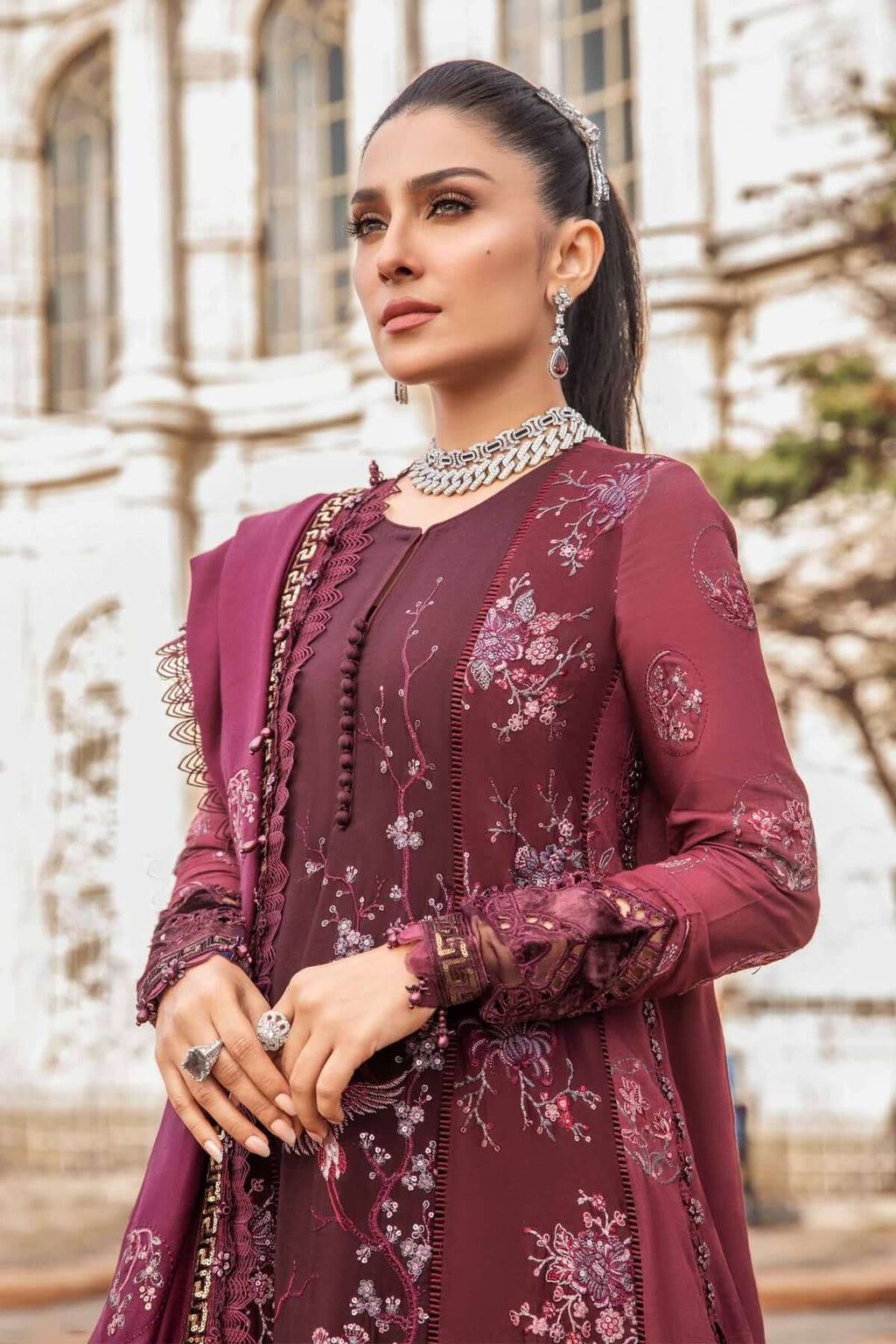 Maria B Dark Maroon Pure Lawn Embroidery 3PC