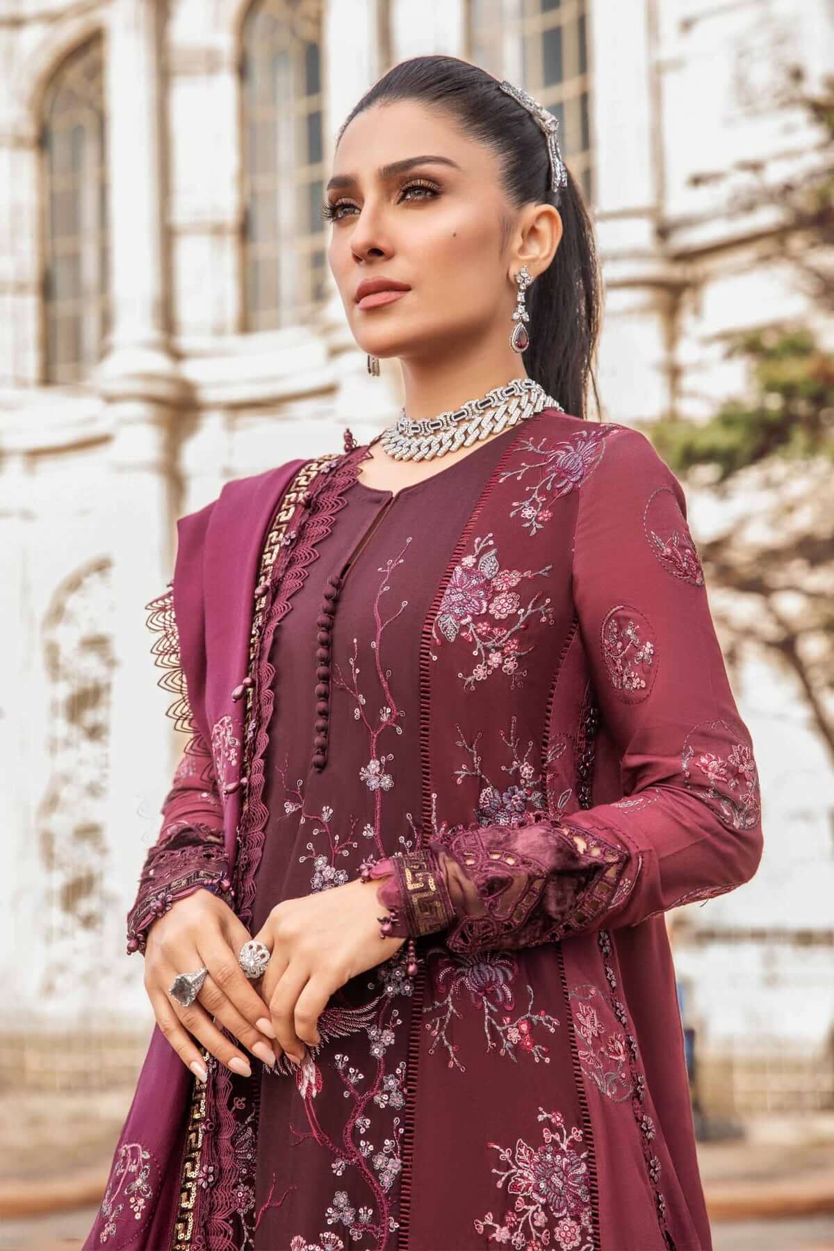 Maria B Dark Maroon Pure Lawn Embroidery 3PC