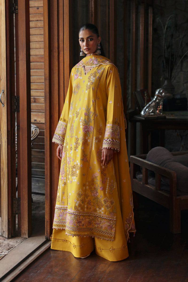 Qalamkar Yellow Luxury Lawn Embroidery Chikankari 3piece Unstitched