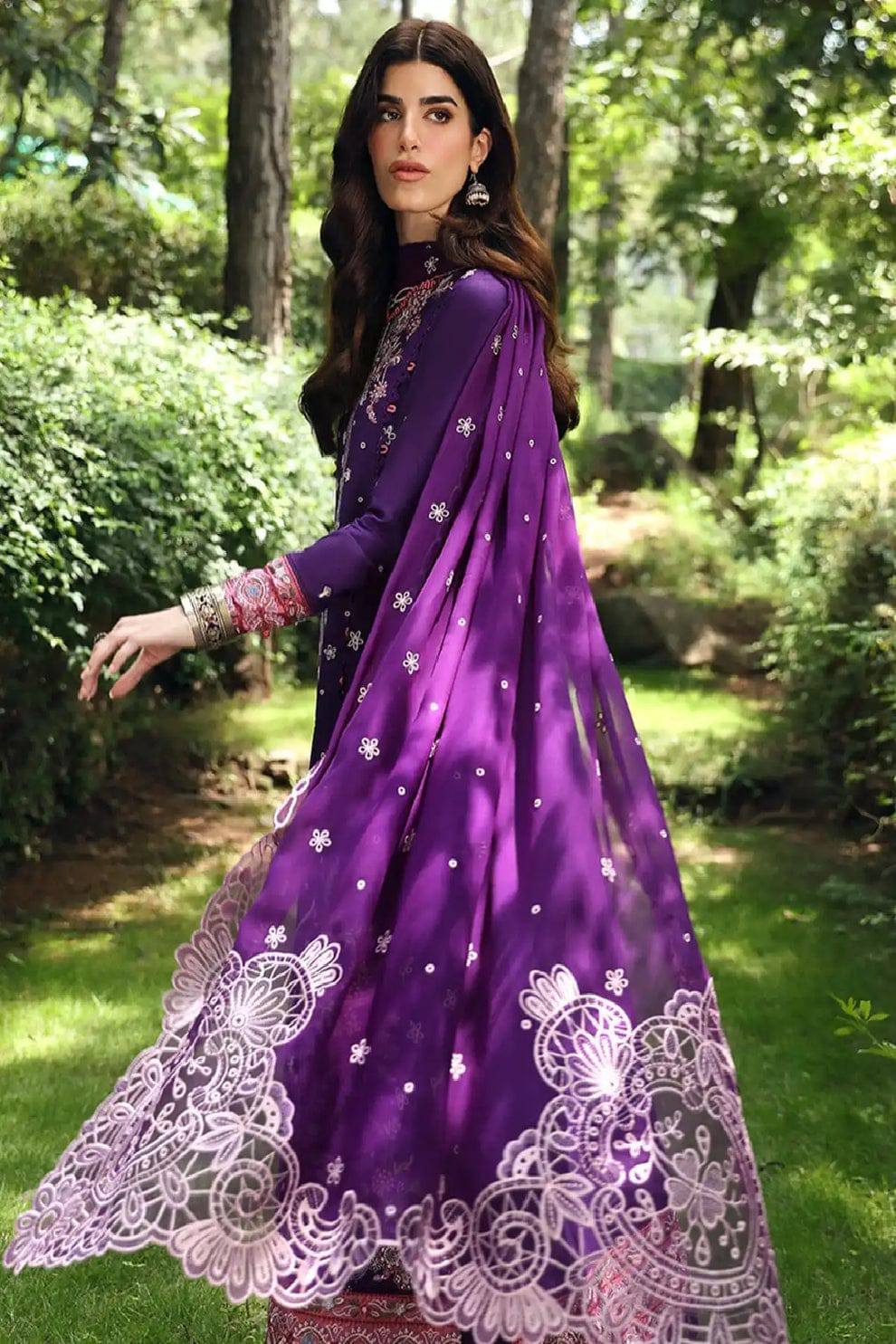 Qalamkar Purple Luxury Lawn Embroidery Chikankari 3piece Unstitched