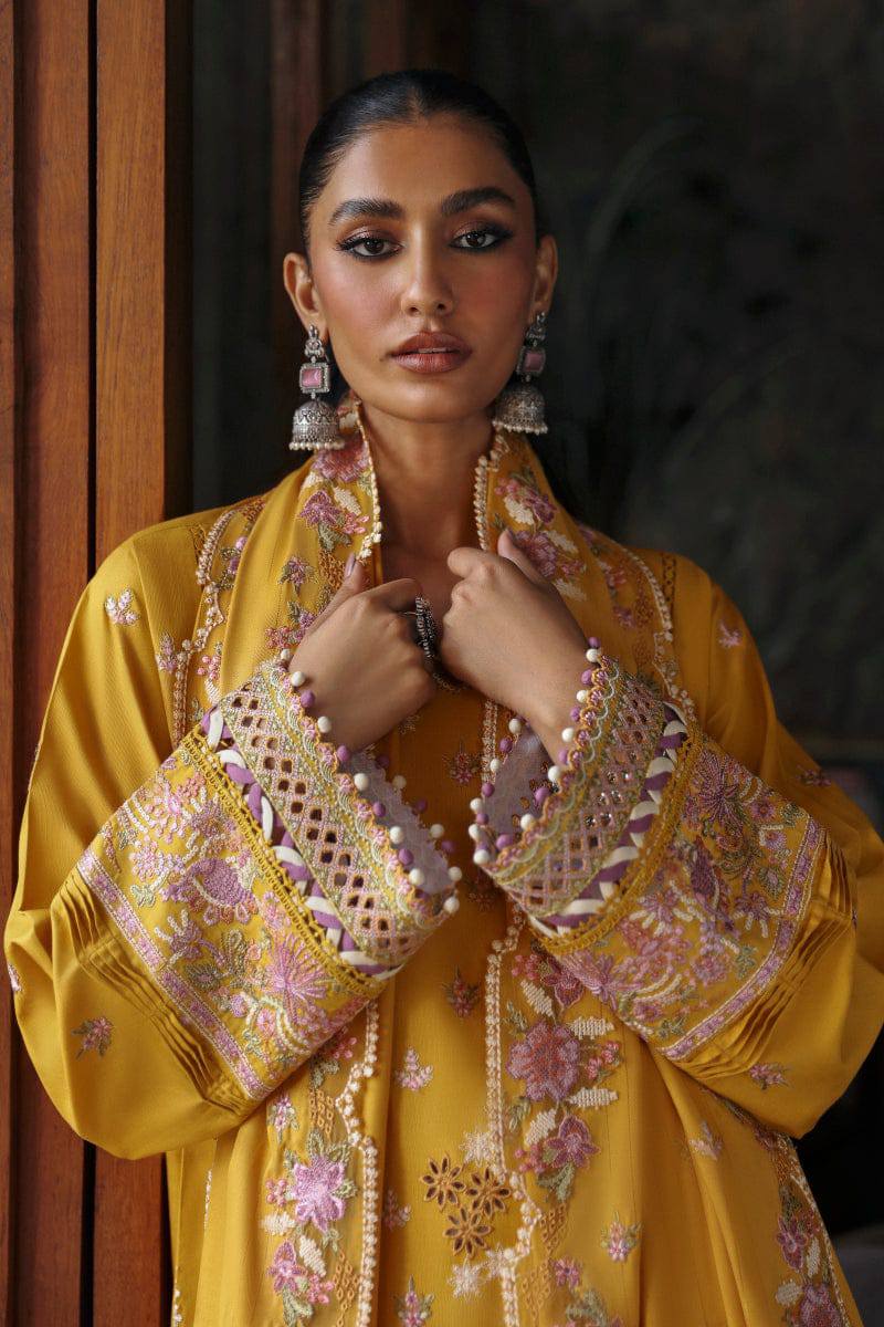Qalamkar Yellow Luxury Lawn Embroidery Chikankari 3piece Unstitched