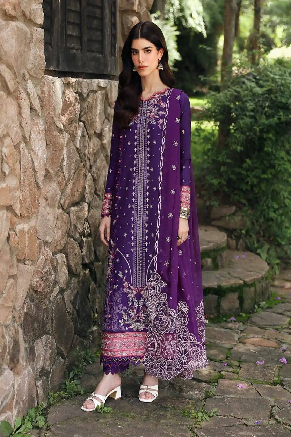 Qalamkar Purple Luxury Lawn Embroidery Chikankari 3piece Unstitched