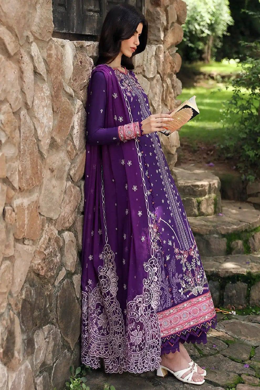 Qalamkar Purple Luxury Lawn Embroidery Chikankari 3piece Unstitched