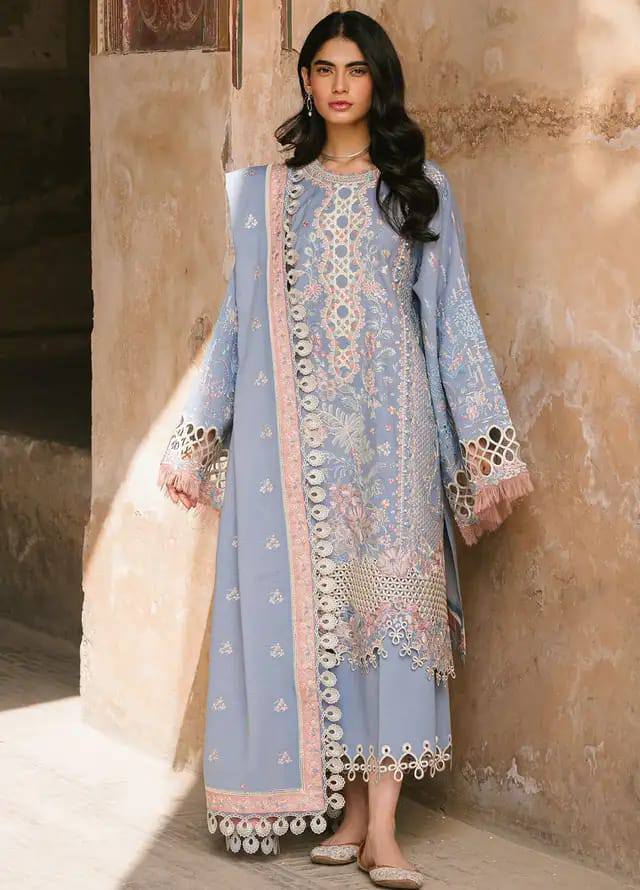 Bin Ilyas Sky Blue Lawn Embroidry Chikankari 3piece Unstitched