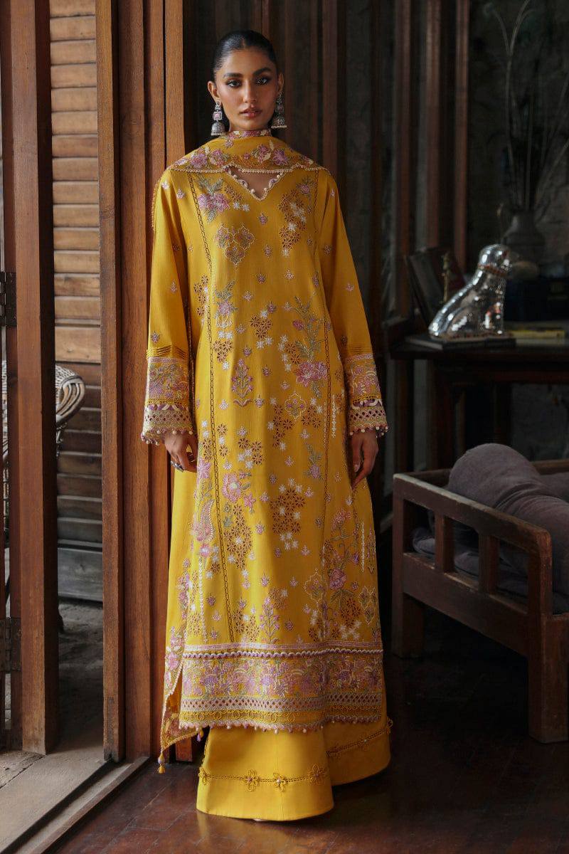 Qalamkar Yellow Luxury Lawn Embroidery Chikankari 3piece Unstitched
