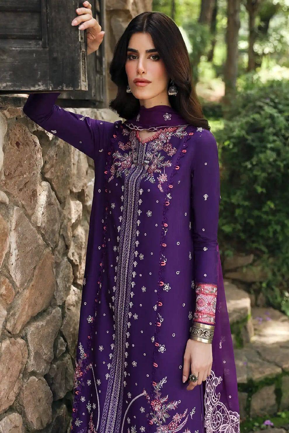 Qalamkar Purple Luxury Lawn Embroidery Chikankari 3piece Unstitched