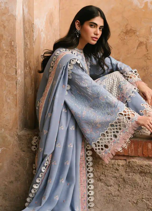Bin Ilyas Sky Blue Lawn Embroidry Chikankari 3piece Unstitched