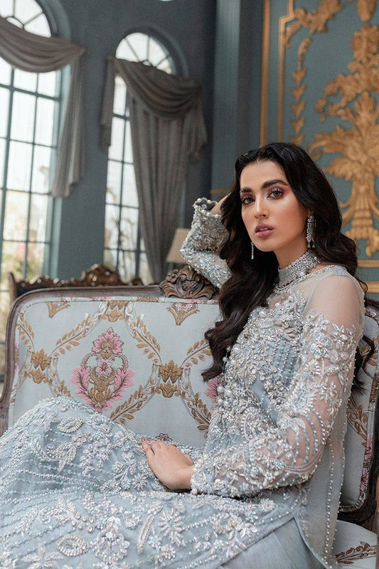 Mushq Sky Blue Net Fabric Heavy Embroidery 3Piece Unstitched