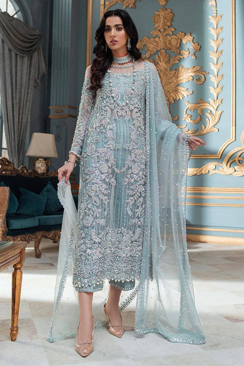 Mushq Sky Blue Net Fabric Heavy Embroidery 3Piece Unstitched
