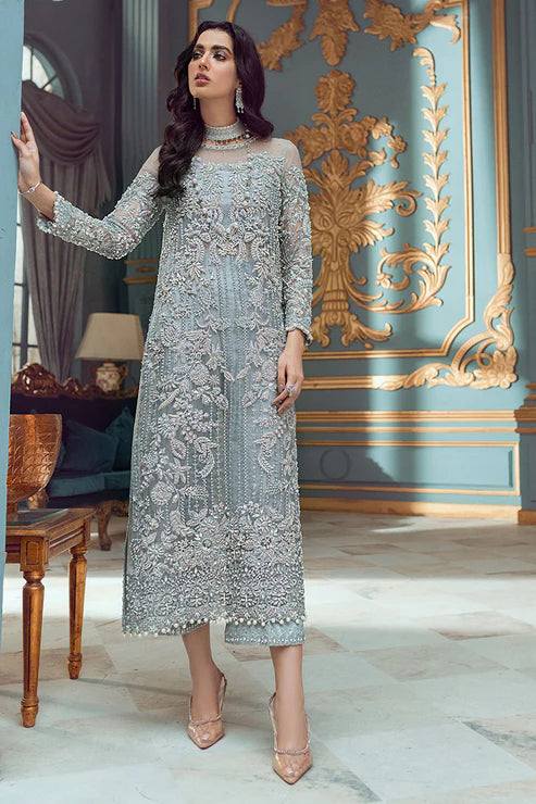 Mushq Sky Blue Net Fabric Heavy Embroidery 3Piece Unstitched