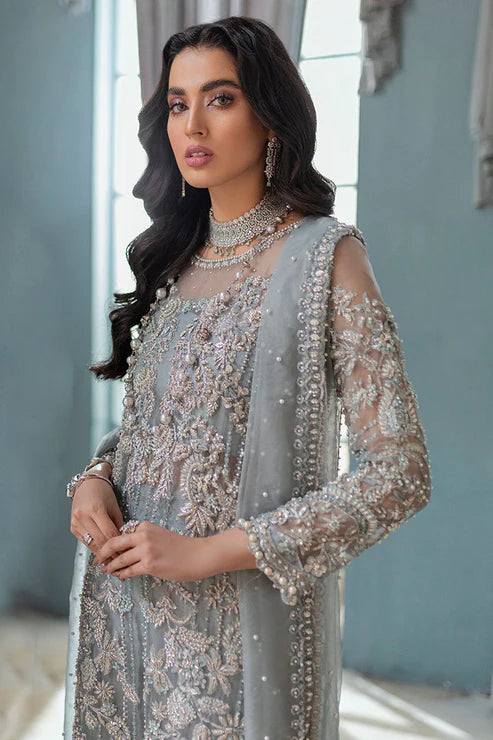 Mushq Sky Blue Net Fabric Heavy Embroidery 3Piece Unstitched
