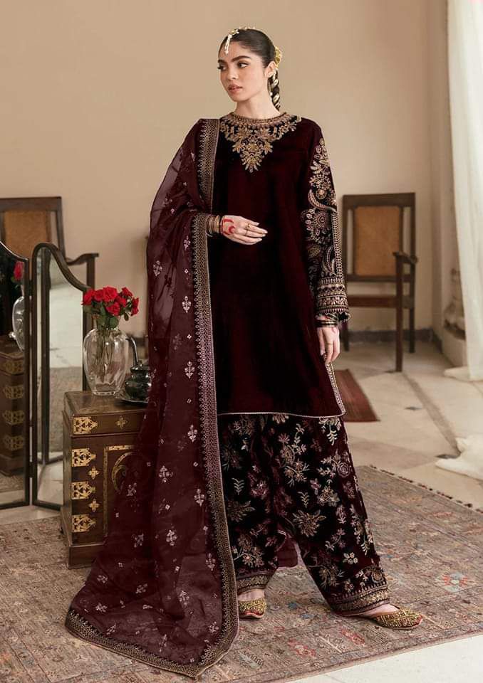 Baroque Maroon Formal Embroidered Chiffon Dres 3piece Unstitched