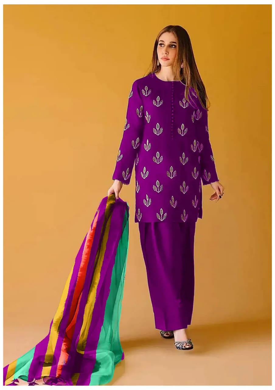 Designer Wear Purple Cotton Lawn Embroidery Dress 3pc