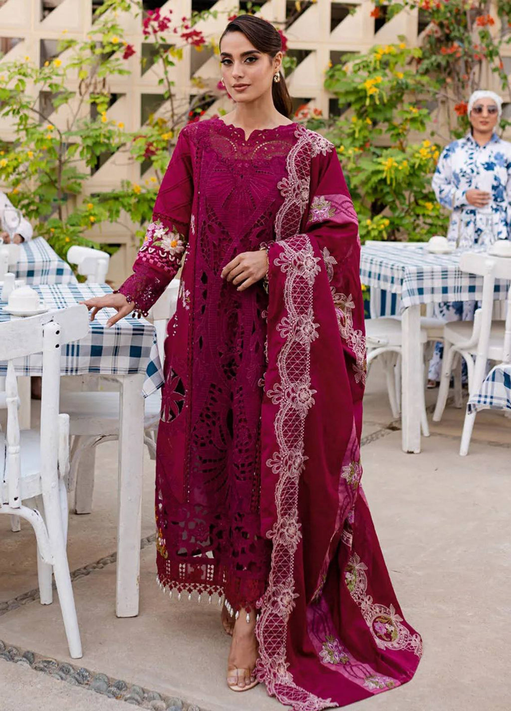 Parishay Maroon Embroidered Luxury Lawn Chikanakri Dress 3Piece Unstitched