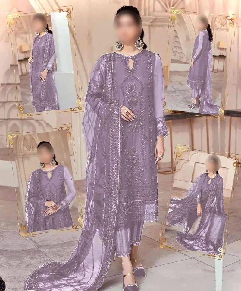 Mushq Purple Wedding Collection Soft Net Fabric 3piece Unstitched