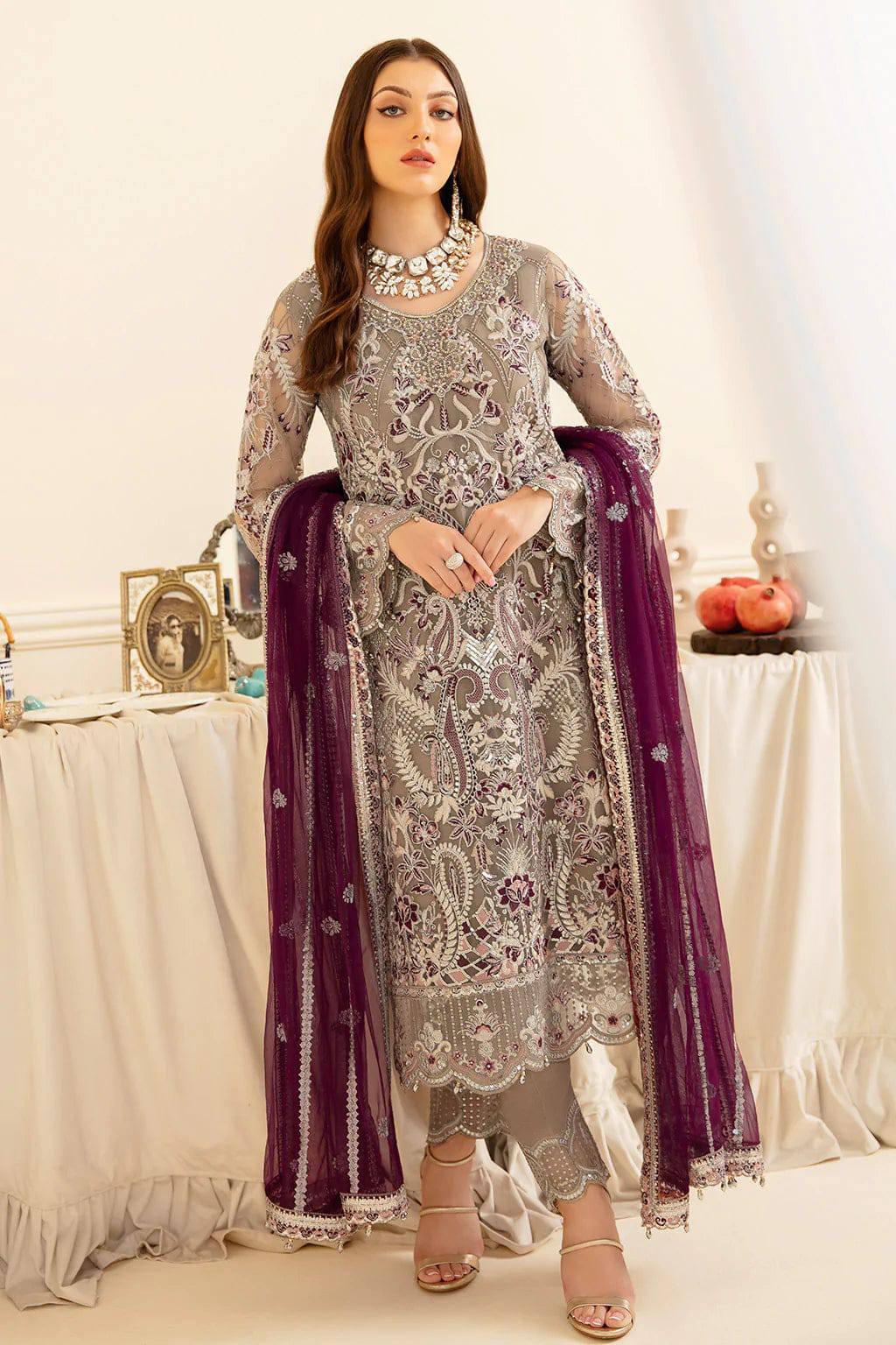 Ramsha Tpink Chiffon Formal Collection Embroidery 3piece Unstitched