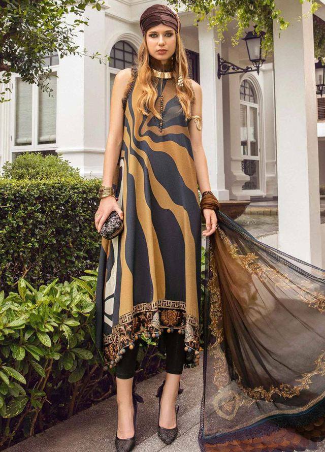 M.B Black Brown Silk Digital Print Embroidery 3Piece Unstitched