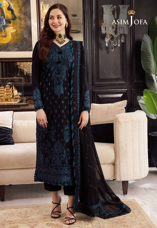 A.J Navy Blue Chiffon Fabric Formal Collection 3pc Unstitched Dress