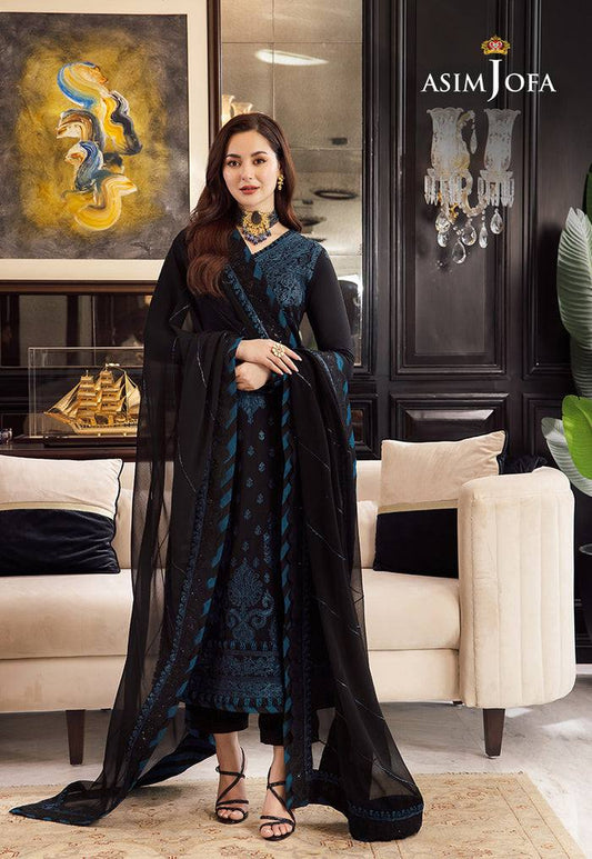 A.J Navy Blue Chiffon Fabric Formal Collection 3pc Unstitched Dress