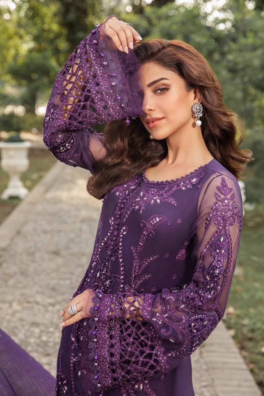 Maria b Dark Purple Luxury Chiffon Embroidery 3pc Unstitched