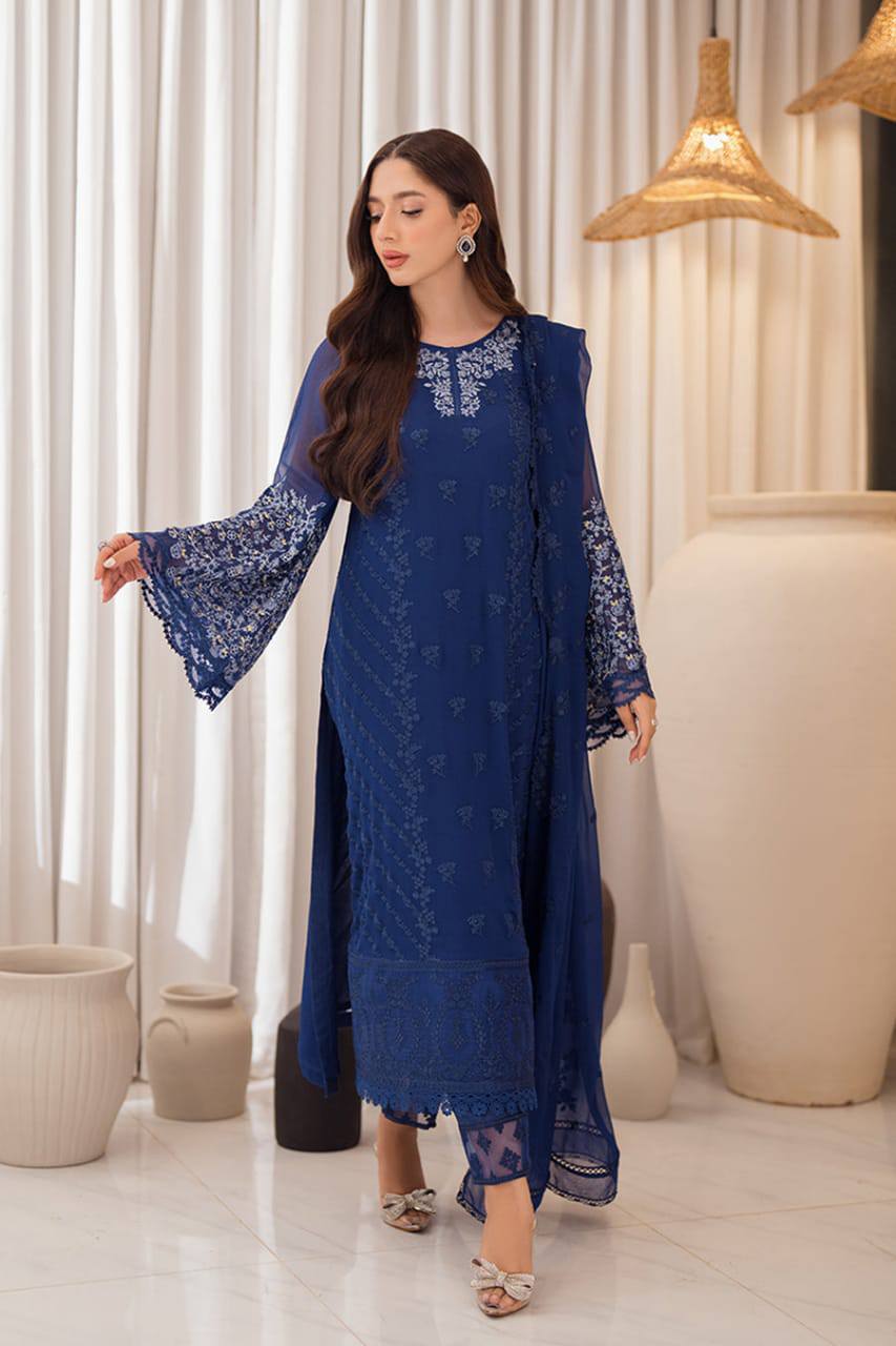 Azure Blue Chiffon Embtoidery Formal Collection 3Piece Unstitched