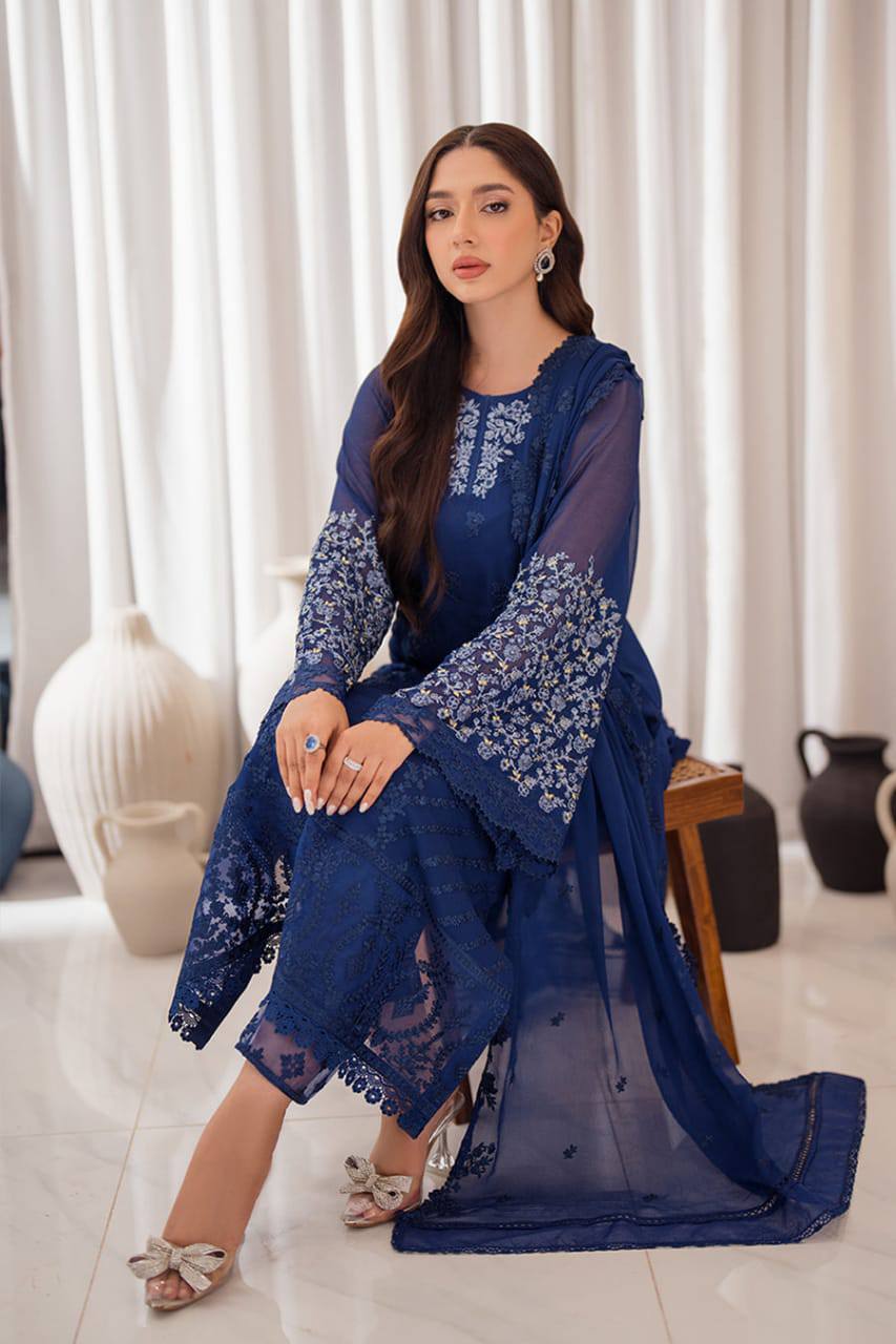 Azure Blue Chiffon Embtoidery Formal Collection 3Piece Unstitched