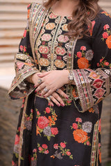 Aneelas Silk Digital Black Multi Embroidery 3piece Unstitched