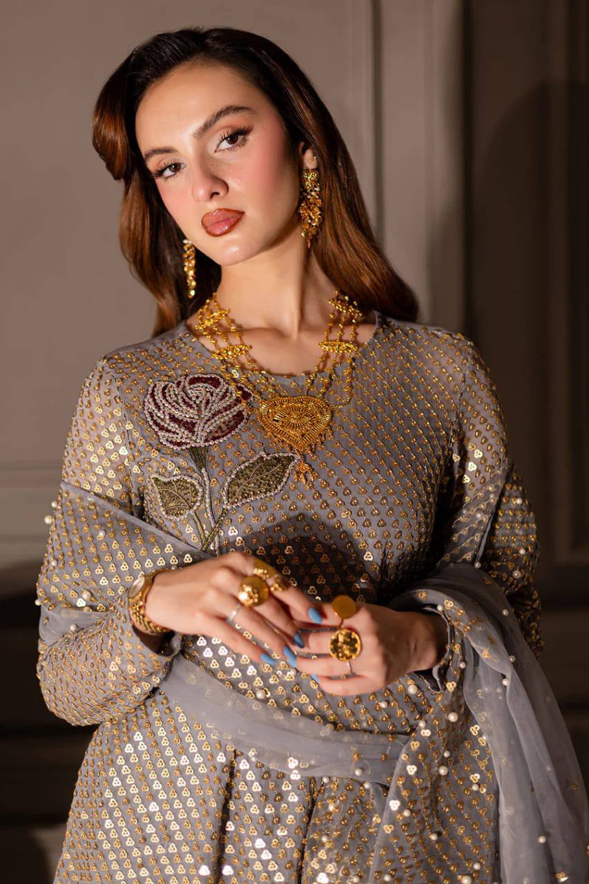 Nureh Grey Formal Collection Luxury Chiffon Embroidery 3piece Unstitched