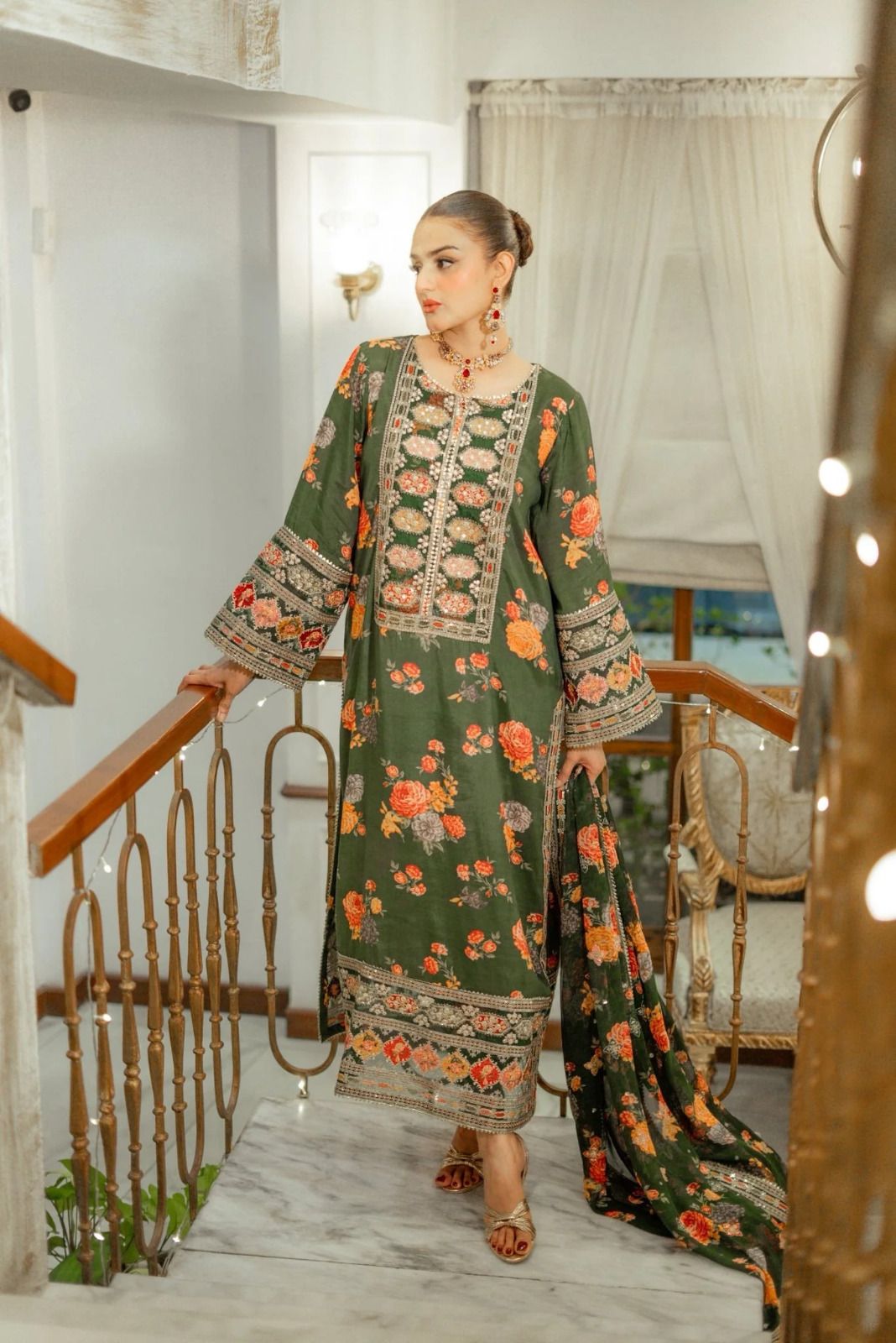Aneelas Silk Digital Green Multi Embroidery 3piece Unstitched