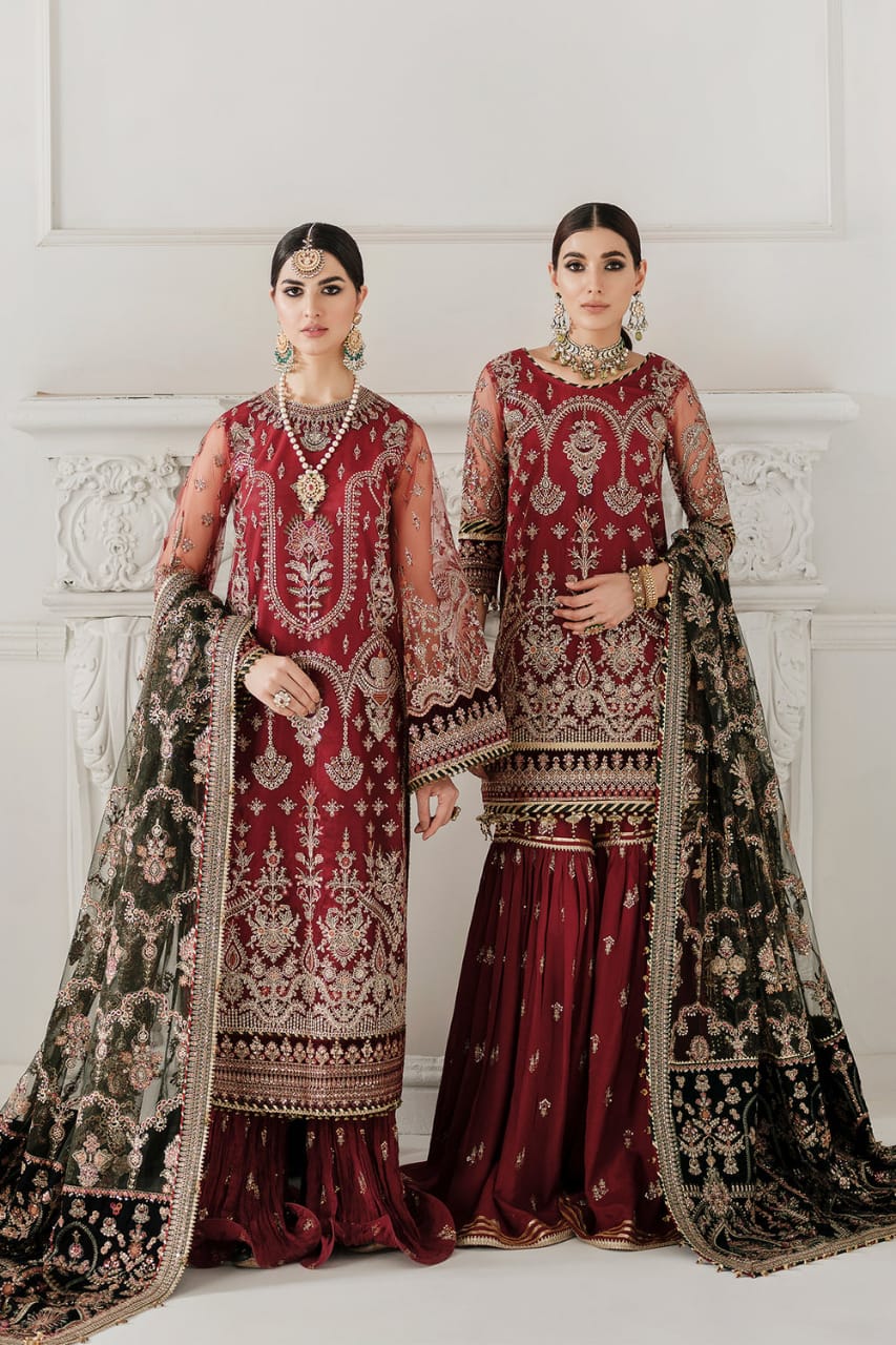 Baroque Maroon Wedding Collection Soft Net Fabric Silk Gharara 3pc