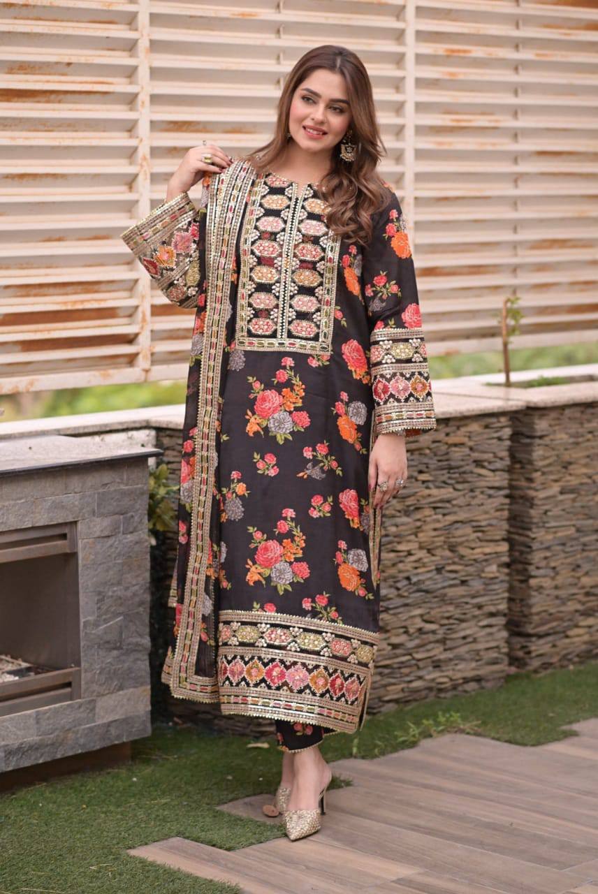 Aneelas Silk Digital Black Multi Embroidery 3piece Unstitched