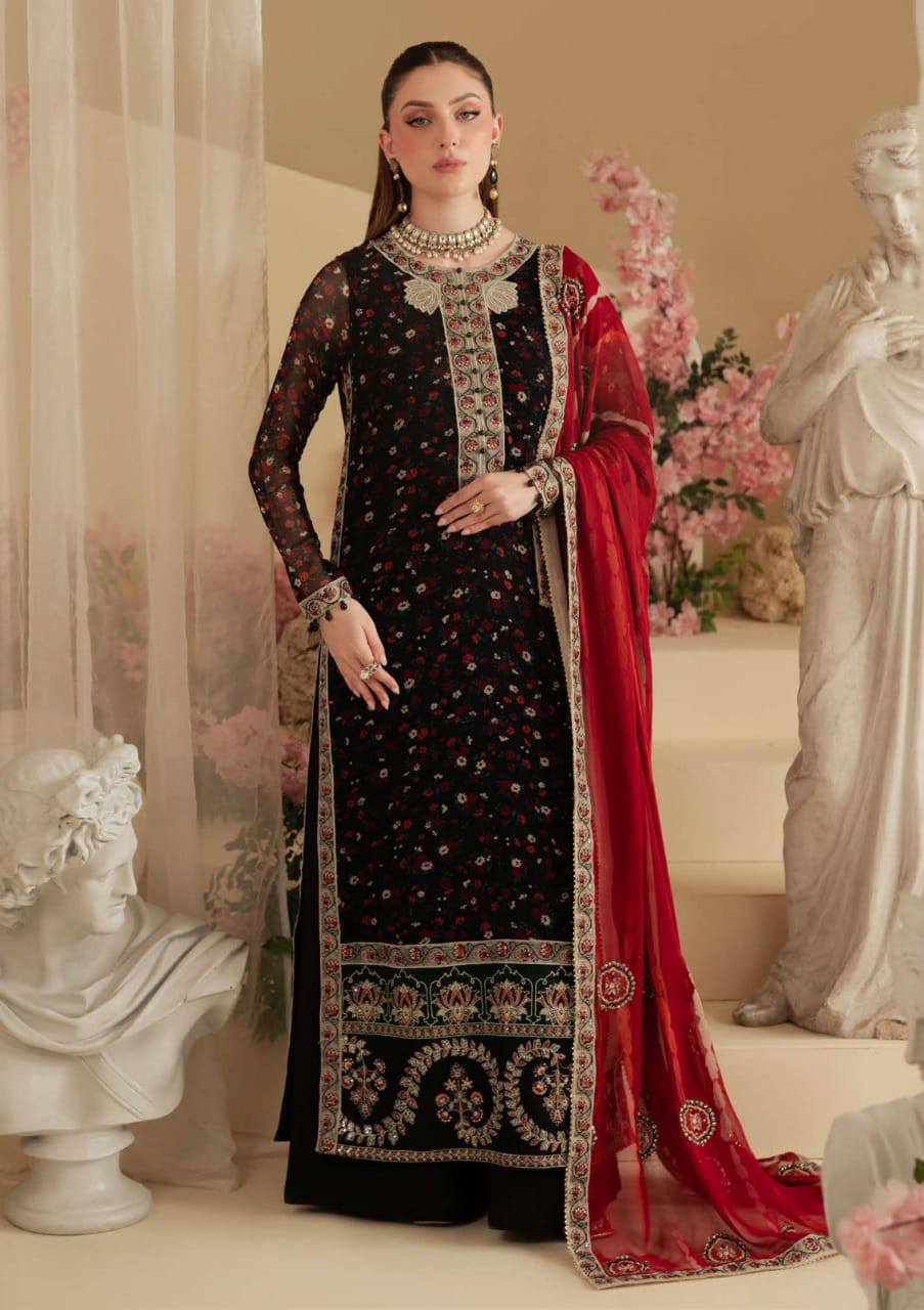 Nureh Black Chiffon Embroidery Formal Collection 3piece Unstitched