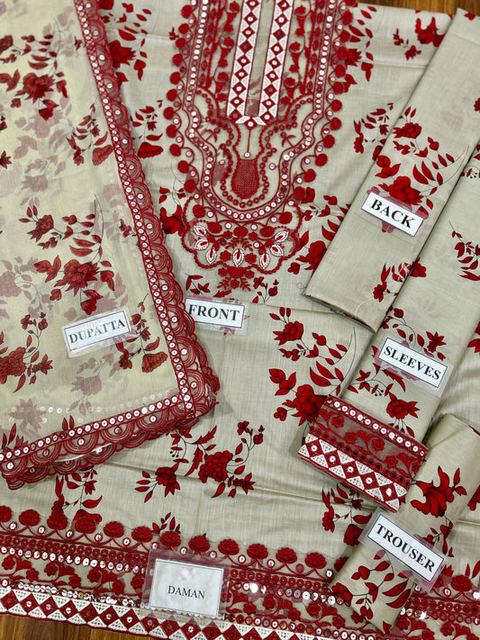 Aneelas unstiched 3 piece embrordery lawn fabric