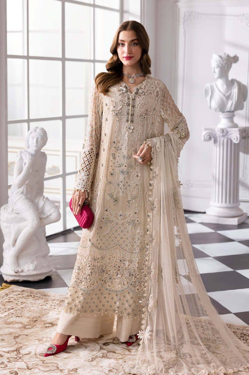 M.B Embroidered Off White Luxury Chiffon Dress 3piece Unstitched